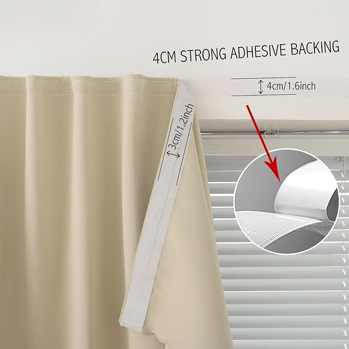 Self Adhesive Portable Blackout Curtains for Bedroom Easy to Install Window Thermal Lnsulated Kitchen Room Darkening Small Window Curtains, 47" W X 84" L, Beige, 1 Panel