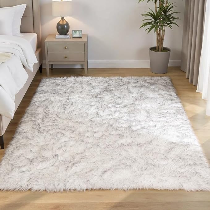 Goolela Sheepskin Area Rug 5x8 Fluffy Fuzzy Furry Rug for Bedroom Living Room Faux Fur Shaggy Plush Soft Washable Rectangle - White with Grey Tips