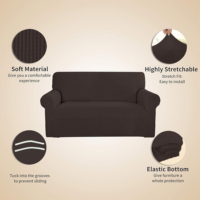 Easy-Going Stretch 4 Seater Sofa Slipcover 1-Piece Sofa Cover Furniture Protector Couch Soft with Elastic Bottom for Kids, Polyester Spandex Jacquard Fabric Small Checks Chocolate