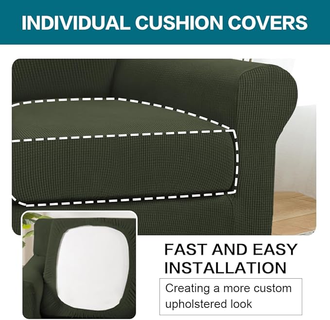 Turquoize 2 Piece Chair Covers Armchair Slipcovers for Living Room Armchair Sofa Cover with Individual Cushion Covers Feature Jacquard Fabric (Chair, Olive)