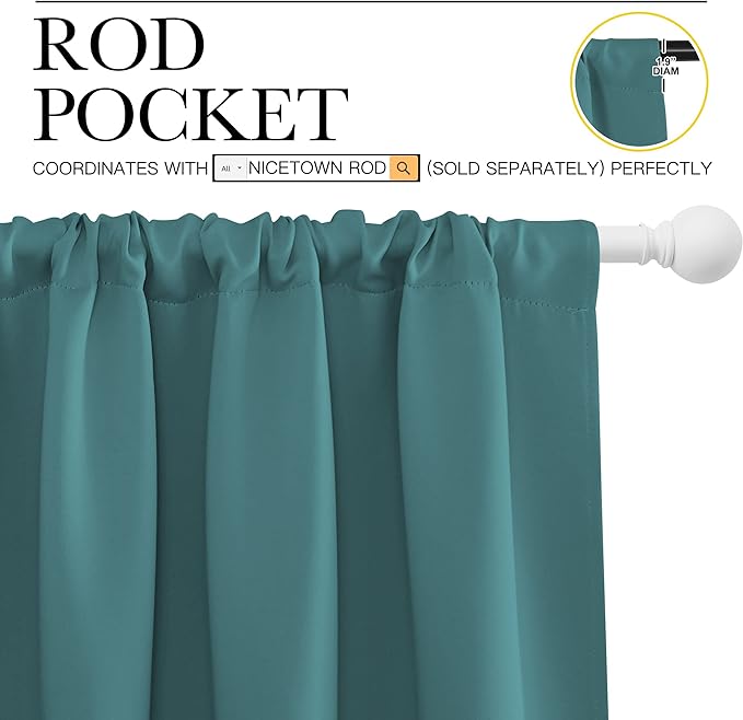 NICETOWN Blackout Curtains for Bedroom, Window Curtain Panels, Thermal Insulated Solid Rod Pocket Blackout Draperies/Drapes (Sea Teal, One Pair, 70 by 63-inch)