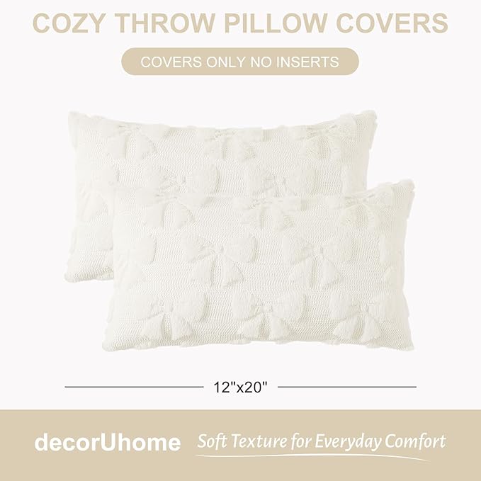 decorUhome Cream White Bow Pillow Covers Set of 2 Coquette Aesthetic Cute Preppy Plush Faux Pillowcases for Girly Bedroom or Couch 12x20 Inch