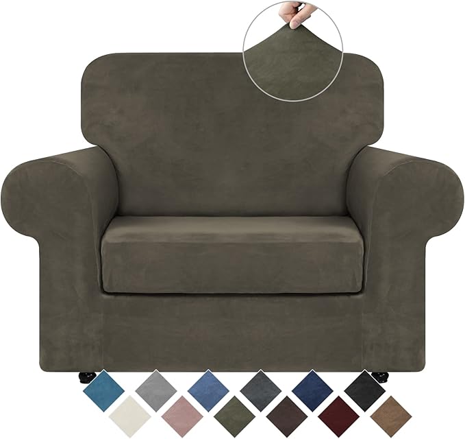 WEERRW Velvet Stretch Chair Sofa Slipcover - 2 Pieces Luxury Soft Velvet Plush Couch Cover Furniture Protector with Elastic Bottom for Pets, Machine Washable, Light Brown, Small