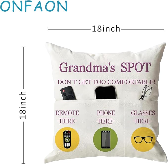 ONFAON Grandma Gifts, Grandma's Spot Throw Pillow Covers 18x18 Inch,Put Phone Glasses and Remote Control Pillowcase,Birthday Christmas Thanksgiving Day Gifts for Grandma Mom,3-Pocket