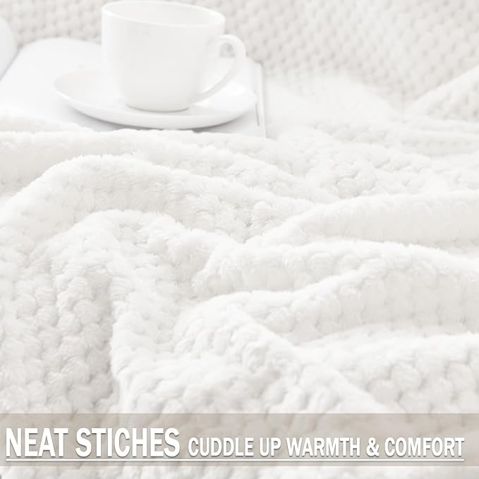 Exclusivo Mezcla Fleece Throw Blanket Extra Large, Super Soft and Warm Blankets for Couch, Sofa and Bed Waffle Textured, Cozy, Fuzzy and Lightweight (Pure White, 50x70 Inches)