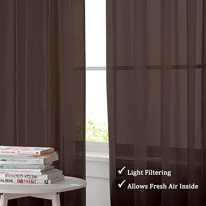 OWENIE Chocolate Sheer Curtains 96 Inch Length, Elegant Sheer Curtains for Bedroom, Window Voile Sheer Curtain Panels/Drapes/Treatment for Living Room, 2Pcs, Each 42" W x 96" L