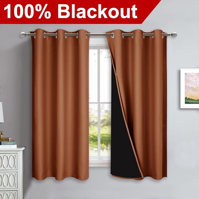 NICETOWN 100% Blackout Short Curtains with Black Liners, 2 Panels, 37" W by 50" L, Burnt Orange, Solid Thermal Insulated Full Blackout 2-Layer Lined Drapes, Energy Efficiency Window Drapes for Bedroom