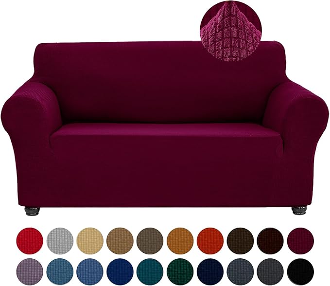 Joccun Christmas Stretch Loveseat Couch Cover Slipcover, 1-Piece Sofa Cover for 2 Cushion Couch Spandex Jacquard Washable Furniture Protector Cover for Living Room,Kids,Pets（Loveseat,Burgundy）
