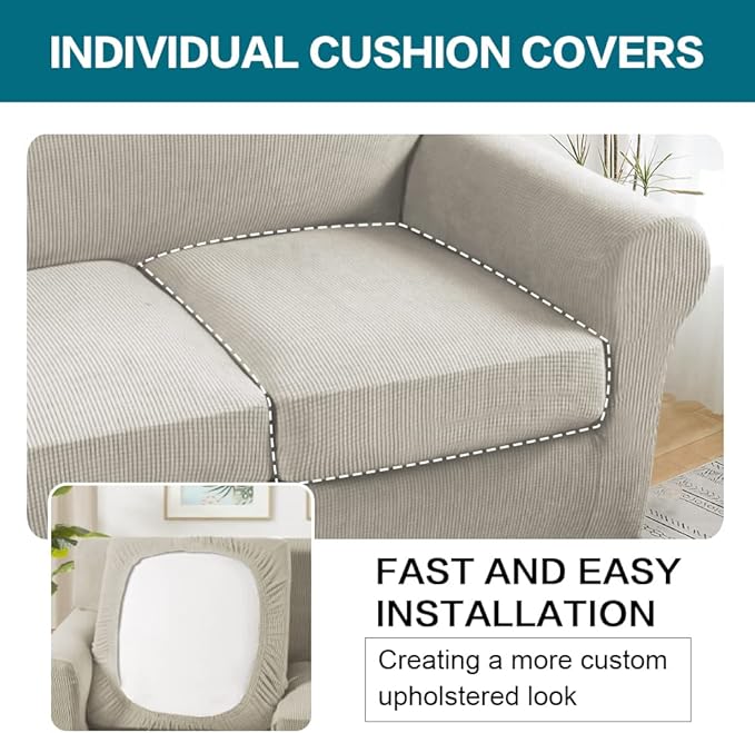 Turquoize 3 Piece Sofa Covers for 2 Cushion Couch Sofa Slipcover Soft Couch Cover for Dogs-Washable Sofa Furniture Covers with 2 Individual Cushion Covers, Jacquard Fabric (Loveseat, Island Fossi)