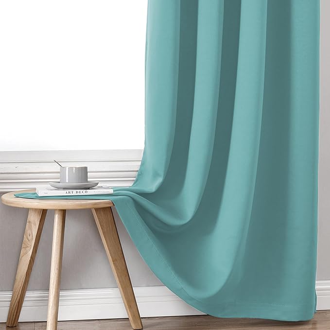ChrisDowa 100% Blackout Curtains 84 inch Long for Bedroom with Black Liner, 2 Thick Layers Total Blackout Thermal Insulated Grommet Window Curtains 2 Panels Set (Aqua, 52 x 84 Inch)