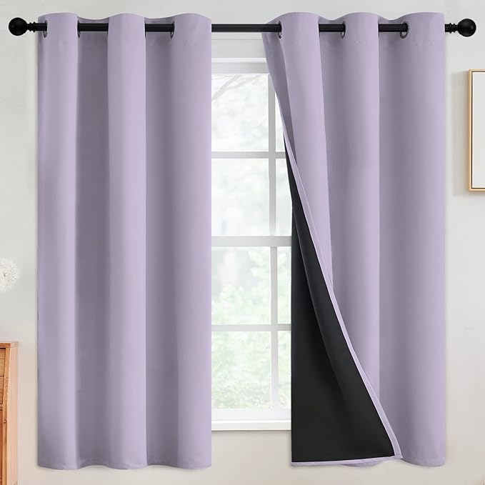 SimpleHome 100% Blackout Curtains for Bedroom,Thermal Insulated Grommet Window Drapes Room Darkening Lilac Curtains for Living Room with Black Back,42 x 63 Inch,2 Panels