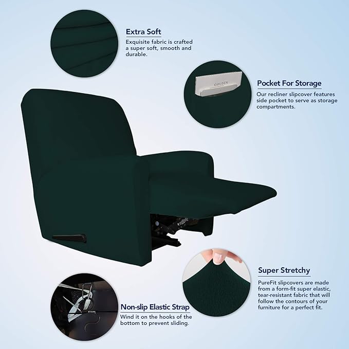 PureFit Super Stretch Chair Sofa Slipcover with Pocket – Spandex Non Slip Soft Couch Sofa Cover, Washable Furniture Protector with Elastic Bottom for Kids, Pets （Recliner, Deep Teal）