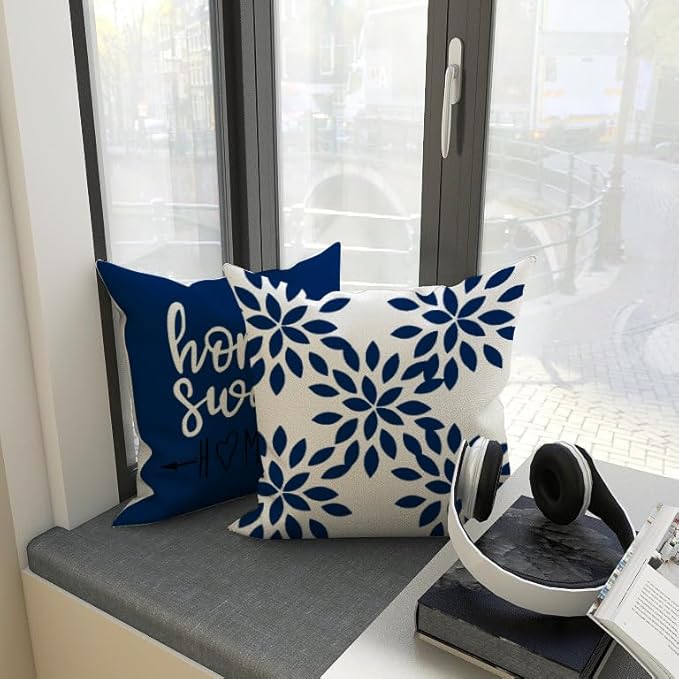YCOLL Pillow Covers 18x18 Set of 4, Modern Sofa Throw Pillow Cover, Decorative Outdoor Linen Fabric Pillow Case for Chair Sofa Couch Bed Car, Dark Blue