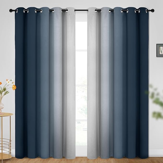 SimpleHome Ombre Room Darkening Curtains for Bedroom, Gradient Navy Blue to Grey White Light Blocking Thermal Insulated Grommet Window Curtain/Drapes for Living Room,2 Panels, 70x84 inches Length