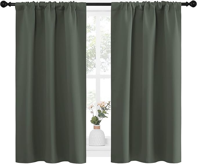 NICETOWN Bedroom Curtains Blackout Draperies - All Season Thermal Insulated Solid Rod Pocket Top Blackout Curtains/Drapes for Kid's Room (Dark Mallard, 1 Pair, 34 x 45 Inch)