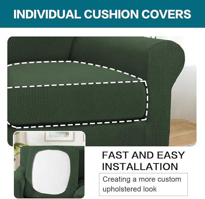 Turquoize 2 Piece Chair Covers Armchair Slipcovers for Living Room Armchair Sofa Cover with Individual Cushion Covers Feature Jacquard Fabric (Chair, Bronze Green)