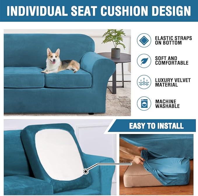 H.VERSAILTEX Velvet 4 Piece High Stretch Sofa Slipcover Cover Furniture Protector Form Fit Thick Velvet Extra Large Sofa Cover for 3 Cushion Couch Width Up to 105 Inch (XL Sofa, Peacock Blue)