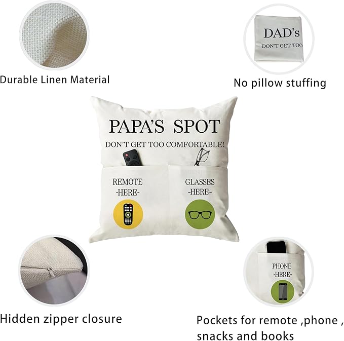 ONFAON Papa Gifts Throw Pillow Case, Papa's Spot Throw Pillow Covers 18 x 18 Inch,Birthday Christmas Thanksgiving Day Gifts for Papa Stepdad 2-Pocket