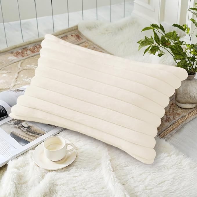decorUhome Summer Cozy Faux Fur Throw Pillow Covers 12x20 Set of 2 Decorative Soft Plush Striped Lumbar Modern Farmhouse Boho Couch Pillow Cases with Velvet Back for Sofa Bed Living Room, Cream White