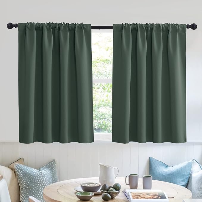 RYB HOME Blackout Privacy Bathroom Window Curtains, Short Thermal Insulated Heat Blocking Privacy Rod Pocket Half Window Curtain Tiers for Nursery Bedroom, Width 42 by Length 30, Dark Green, 2 Panels
