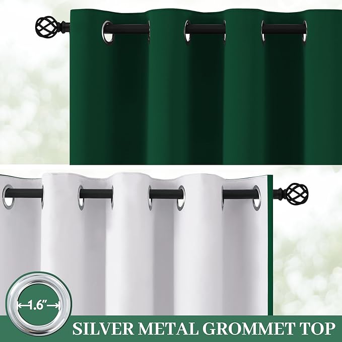 Yakamok 100% Blackout Curtain Panels 63 inches Cold and Light Blocking Drapes for Nursery, 2 Thick Layers Thermal Insulated Draperies (2 Pieces, 50 Wide Each Panel, Dark Green/White Backing)