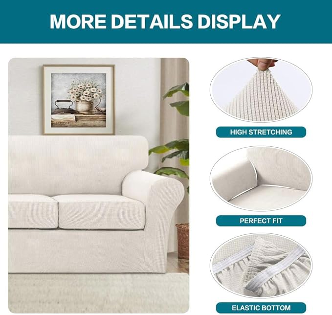 Turquoize 3 Piece Sofa Covers For 2 Cushion Couch Sofa Slipcover Soft Couch Cover For Dogs-Washable Sofa Furniture Covers With 2 Individual Cushion Covers, Feature Thick Fabric (2 Cushion Sofa, Ivory)