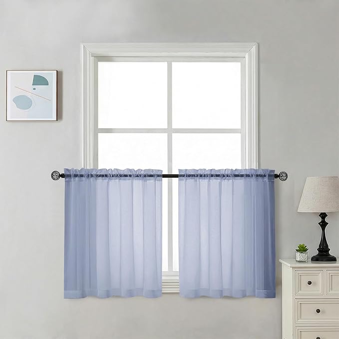 Chyhomenyc Sheer Curtains 30 inch Length 2 Panels - Light Filtering Voile Rod Pocket Short Window Curtians for Bathroom Living Room Farmhouse Small Windows, 42Wx30L inches, Denim Blue