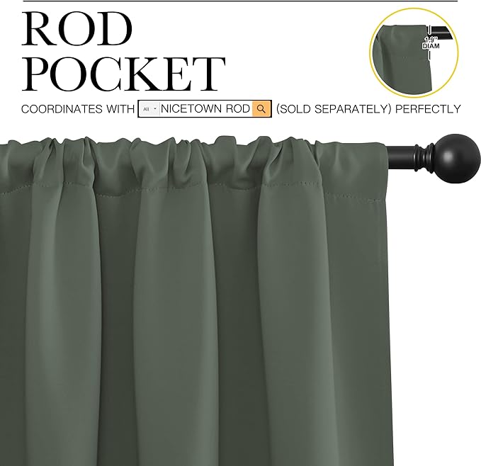 NICETOWN Bedroom Curtains Blackout Draperies - All Season Thermal Insulated Solid Rod Pocket Top Blackout Curtains/Drapes for Kid's Room (Dark Mallard, 1 Pair, 34 x 72 Inch)