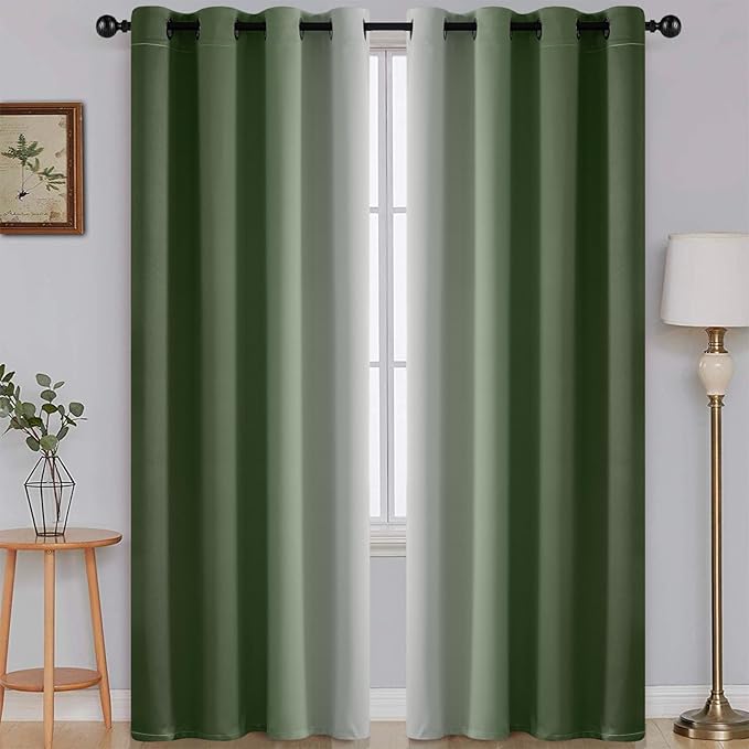 SimpleHome Ombre Room Darkening Curtains for Bedroom, Gradient Sage Green to Grey White Light Blocking Thermal Insulated Grommet Window Curtain/Drapes for Living Room,2 Panels, 52x84 inches Length