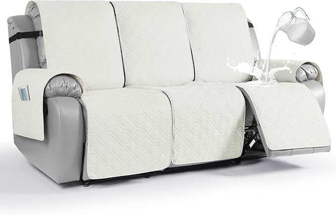 VANSOFY Waterproof Recliner Couch Covers, Sofa Covers 1-Piece Washable Reclining Sofa Cover Non-Slip Furniture Protector with Elastic Straps Pocket for Dogs, Pets(Off White,3 Seater)