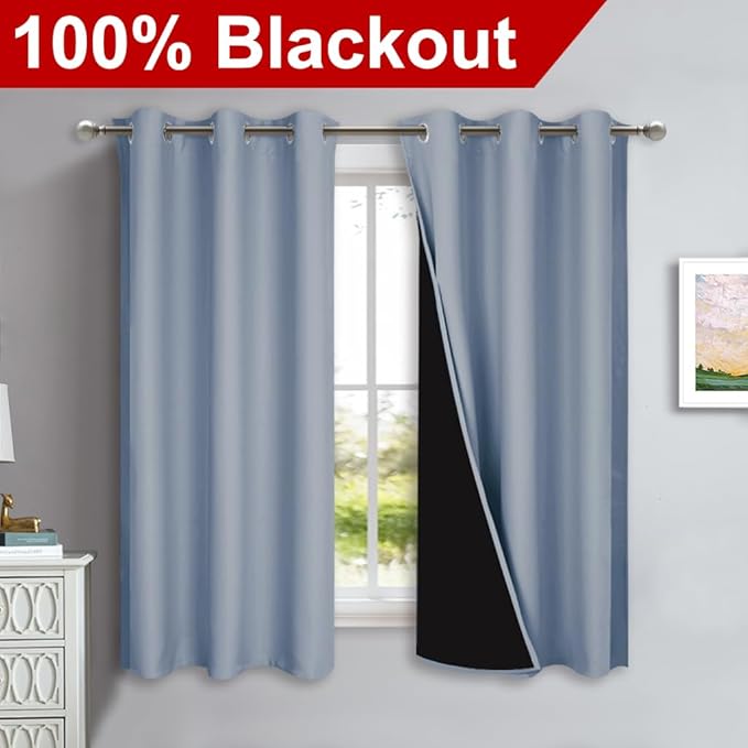 NICETOWN 100% Blackout Curtains 45 inches Long, 1 Pair, 42 inches Width Each Panel, Vintage Blue, 2 Thick Layers Completely Blackout Window Treatment Thermal Insulated Lined Drapes for Small Window