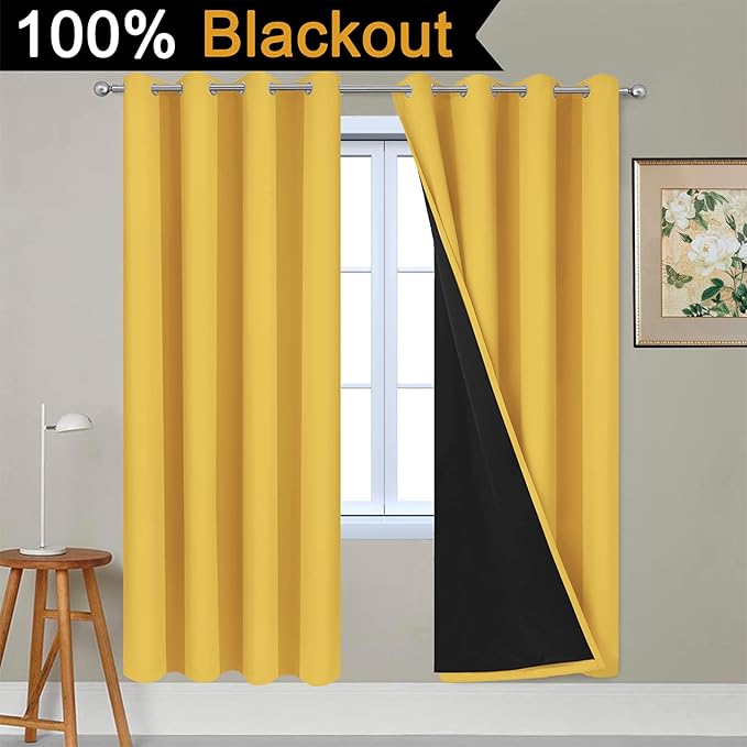 Yakamok Thermal Insulated Full Blackout Curtains 72 Inches Long, Double Layer Full Room Darkening Noise Reducing Grommet Curtains for Bedroom(Mustard Yellow, 2 Panels)