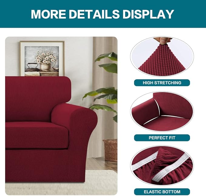 Turquoize 2 Piece Chair Covers Chair Slipcovers for Living Room Armchair Couch Cover Chair Sofa Cover with Individual Cushion Covers Furniture Cover for Chairs Feature Thick Fabric (Chair, Burgundy)