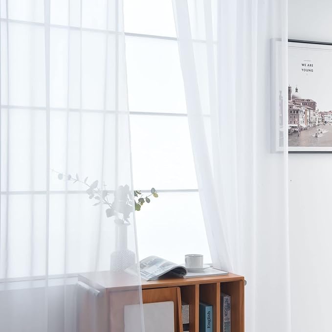 SpaceDresser Basic Rod Pocket Sheer Voile Window Curtain Panels White 1 Pair 2 Panels 60 Width 84 Inch Long for Kitchen Bedroom Children Living Room Yard(White,60 W x 84 L)