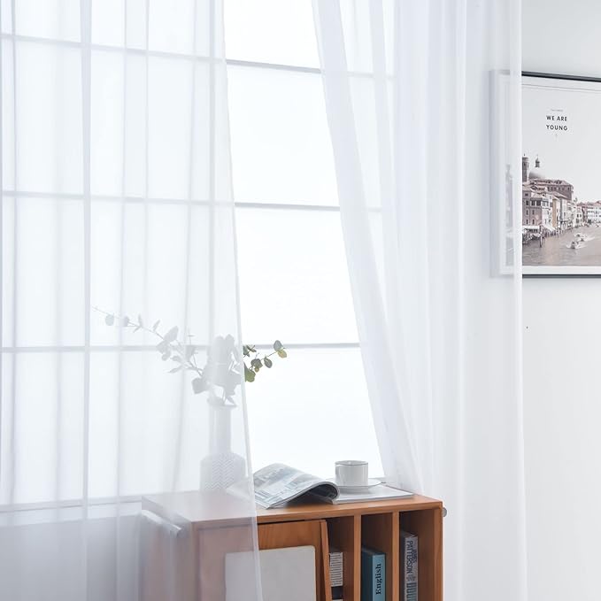 SpaceDresser Basic Rod Pocket Sheer Voile Window Curtain Panels White 1 Pair 2 Panels 70 Width 108 Inch Long for Kitchen Bedroom Children Living Room Yard(White,70 W x 108 L)