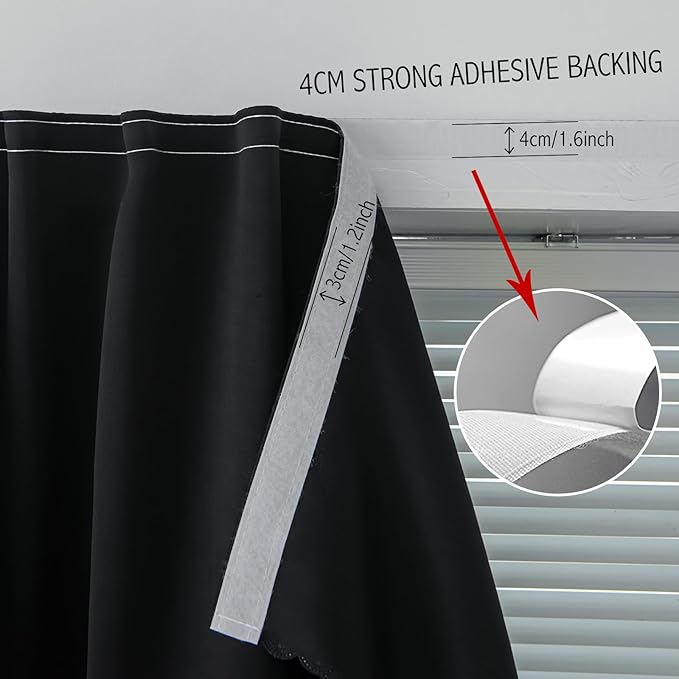 Adhesive Blackout Curtains- Self Stick Curtain No Rod Needed Easy to Hang Curtain, Use for Bedroom, Living Room, Dining Room, Kitchen, 59" W X 96" L, Black, 1 Panel