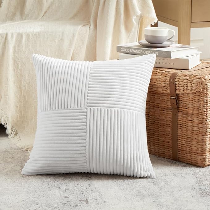 Fancy Homi 2 Packs White Big Decorative Throw Pillow Covers 24x24 Inch for Living Room Couch Bed, Rustic Farmhouse Boho Home Decor, Soft Corss Corduroy Patchwork Accent Square Cushion Case 60x60 cm