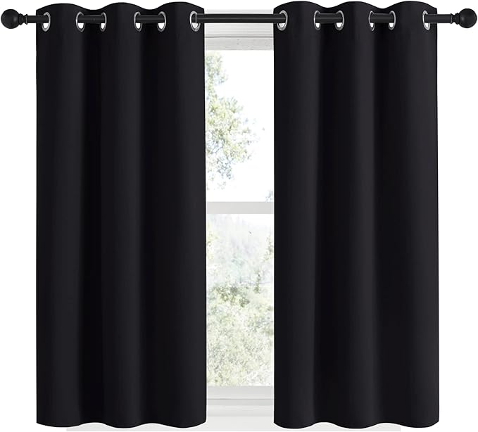 NICETOWN Bathroom Blackout Curtains and Drapes 48 inches Length, Black Solid Thermal Insulated Grommet Blackout Drapery Panels for Window (2 Panels, 34 inches Wide, Black)