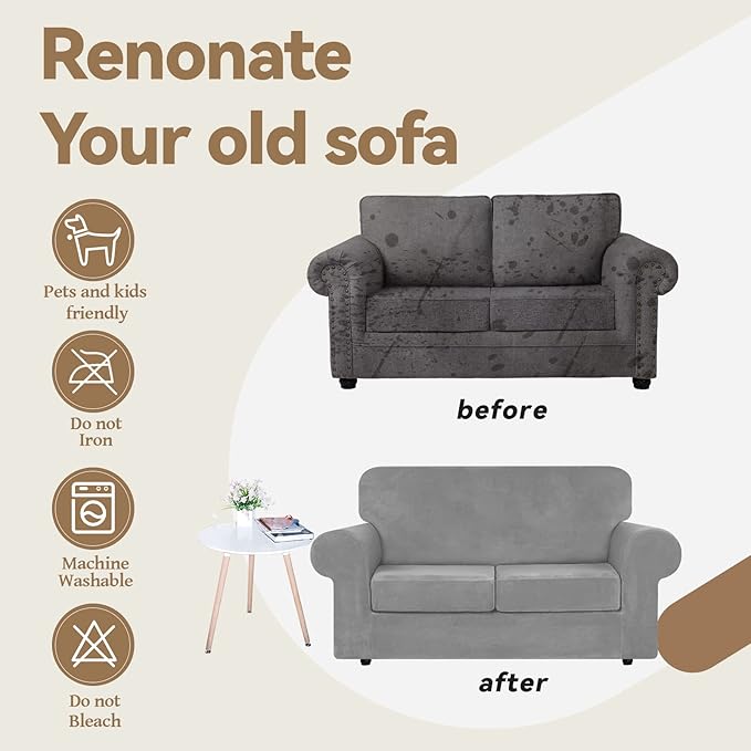 WEERRW Velvet Couch Covers for 2 Cushion Couch Sofa - High Stretch Luxury Velvet Plush 3 Pieces Sofa Slipcovers with Elastic Bottom, Furniture Protector for Pets, Machine Washable, Silver Grey, Medium