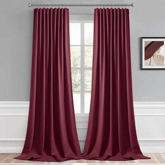 MIULEE Christmas Wine Red Back Tab Blackout Curtains 108 Inch Long 2 Panels Set for Bedroom, Rod Pocket/Pinch Pleat Extra Long Thermal Insulated Living Room Darkening Pleated Light Blocking Drapes