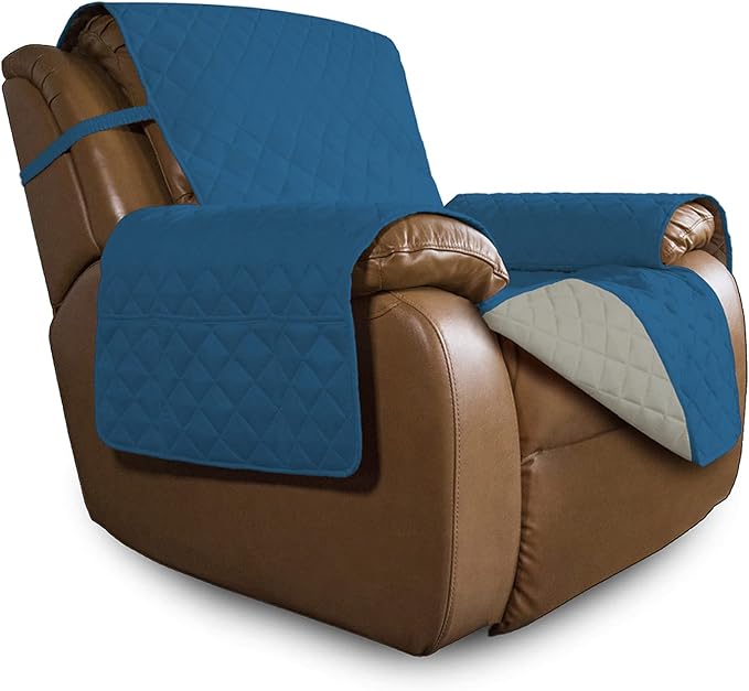 Easy-Going Oversized Recliner Cover Reversible Couch Cover Sofa Cover for Living Room Water Resistant Furniture Protector with Elastic Straps for Pets Dog(Oversized Recliner, Peacock Blue/Beige)