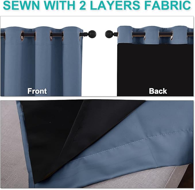 NICETOWN Stone Blue 100% Blackout Curtains 54 inches Long, Thermal Insulated Full Blackout 2-Layer Lined Drapes, Energy Efficiency Window Draperies for Boy's Room (2 Panels, 46-inch W)