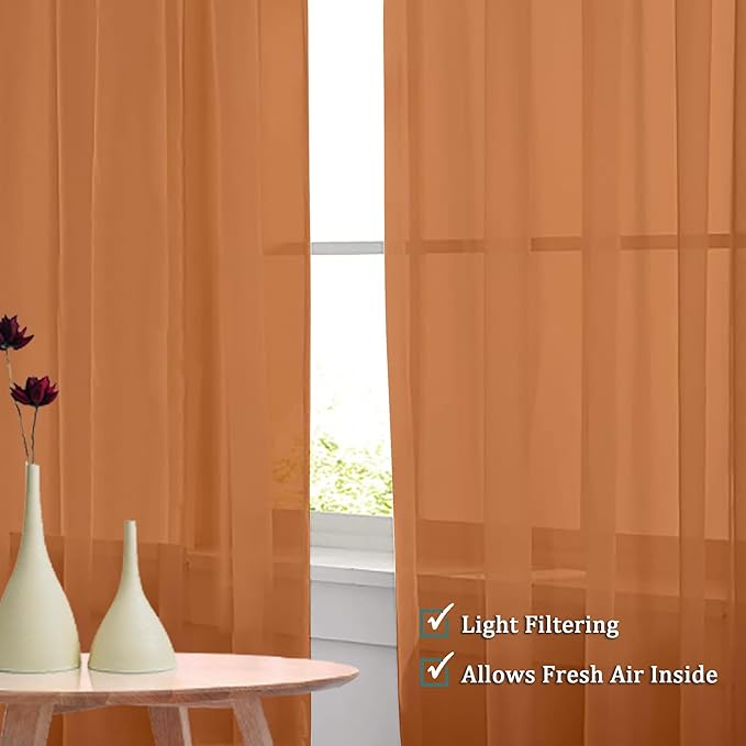 OVZME Orange Sheer Curtains 54 Inches Long 2 Panels - Soft Light Filtering Window Sheer Panels for Living Room/Bedroom, Top Dual Rod Pocket, 1 Pair, Each 42Wx54L Inches