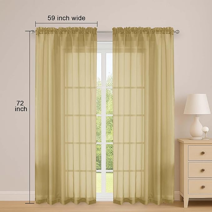 OWENIE Gold Sheer Curtains 72 Inches Long 2 Panels Set, Transparent Voile Sheer Curtain for Living Room Bedroom Window Sliding Glass Door Treatment, 59 x 72 Inch, Gold