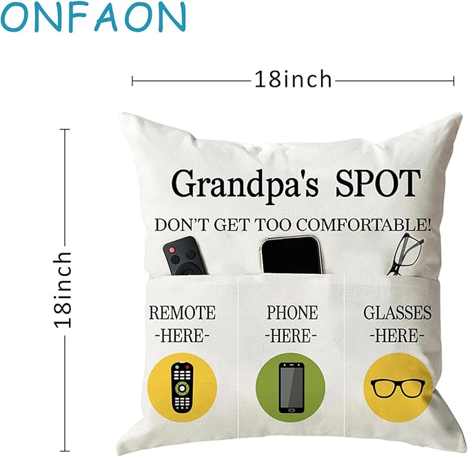 ONFAON Grandpa Gifts,Grandpa's Spot Throw Pillow Covers 18x18 Inch,Put Phone Glasses and Remote Control Pillowcase,Birthday Christmas Thanksgiving Day Gifts for Grandpa Stepdad,3-Pocket