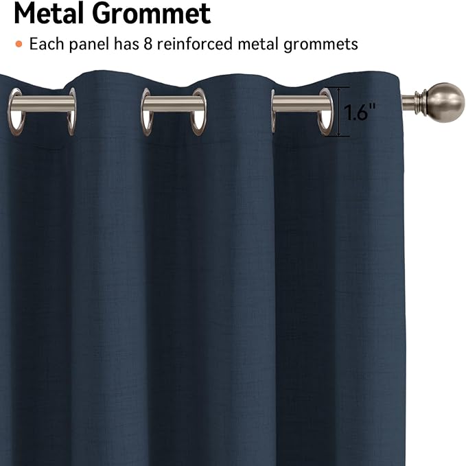 100% Blackout Shield Linen Blackout Curtains for Bedroom, Navy Blue Grommet Curtains for Living Room, Thermal Insulated Room Darkening Drapes for Nursery, Boho Home Decor, 50" W x 63" L, 2 Panels