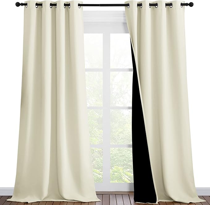 NICETOWN Thermal Insulated 100% Blackout Curtains, Noise Reducing Performance Drapes with Black Lining, Full Light Blocking Drapery Panels for Patio (Beige, 1 Pair, 46 inches x 90 inches)