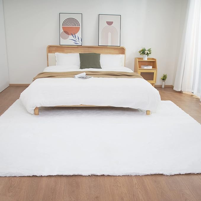 Ghouse White 8x10 Area Rug Fluffy Faux Rabbit Fur Rug White Plush Shag Rug for Living Room Bedroom, Playing Room, Nursery Room