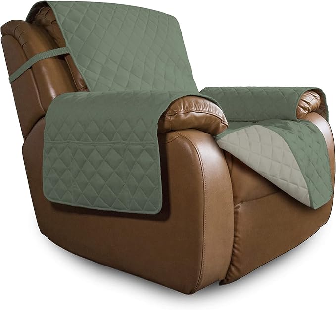 Easy-Going Oversized Recliner Cover Reversible Couch Cover Sofa Cover for Living Room Water Resistant Furniture Protector with Elastic Straps for Pets Kids (Oversized Recliner, Greyish Green/Beige)