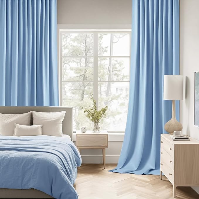 MIULEE Sky Blue Back Tab Blackout Curtains 108 Inch Long 2 Panels Set for Bedroom, Rod Pocket/Pinch Pleat Extra Long Thermal Insulated Living Room Darkening Pleated Light Blocking Drapes
